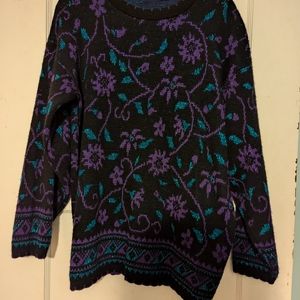 Vintage Floral Patterned Sweater - Black and Purple And Teal